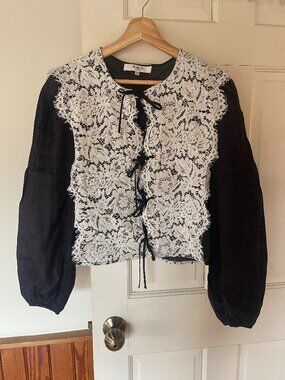 Sea New York  Black and White Lace Tie-up Top, XS